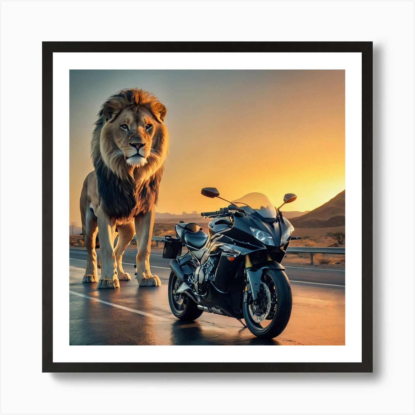 Lion And Motorcycle Art Print Framed Wall Art Poster Canvas Print Picture