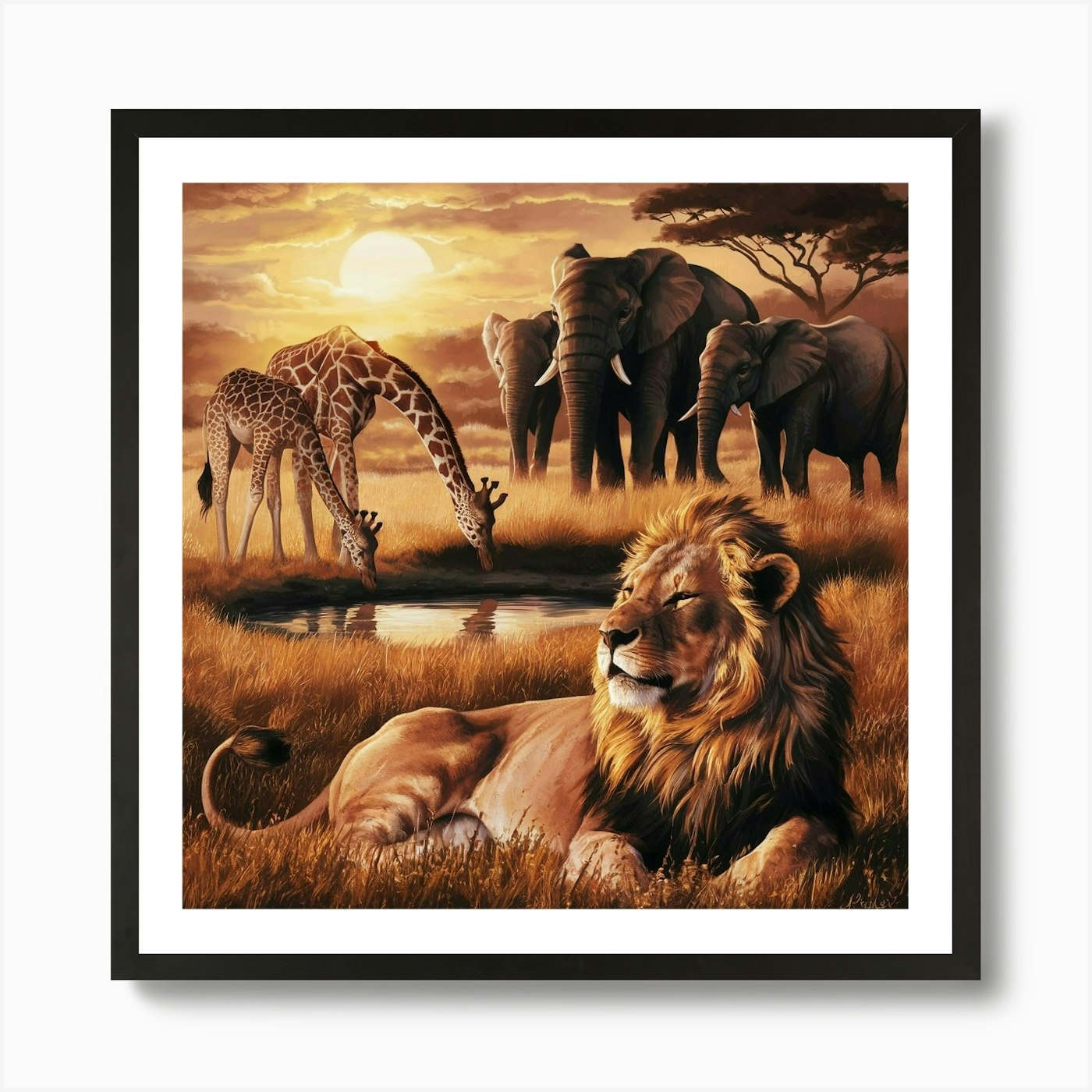 Lions And Giraffes Art Print Framed Wall Art Poster Canvas Print Picture