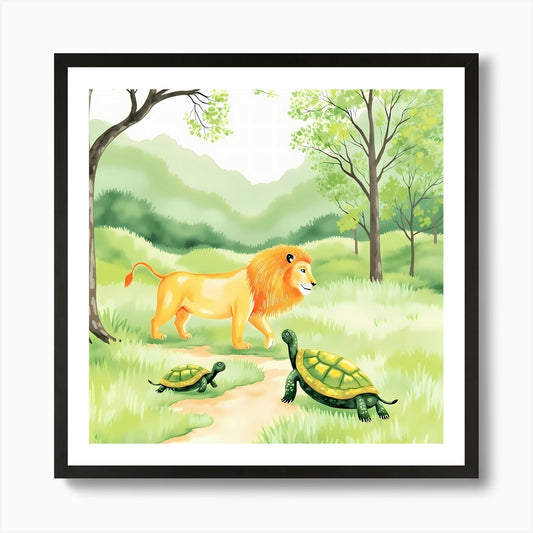 Lion And Turtles In The Forest 2 Ar Framed Wall Art Poster Canvas Print Picture