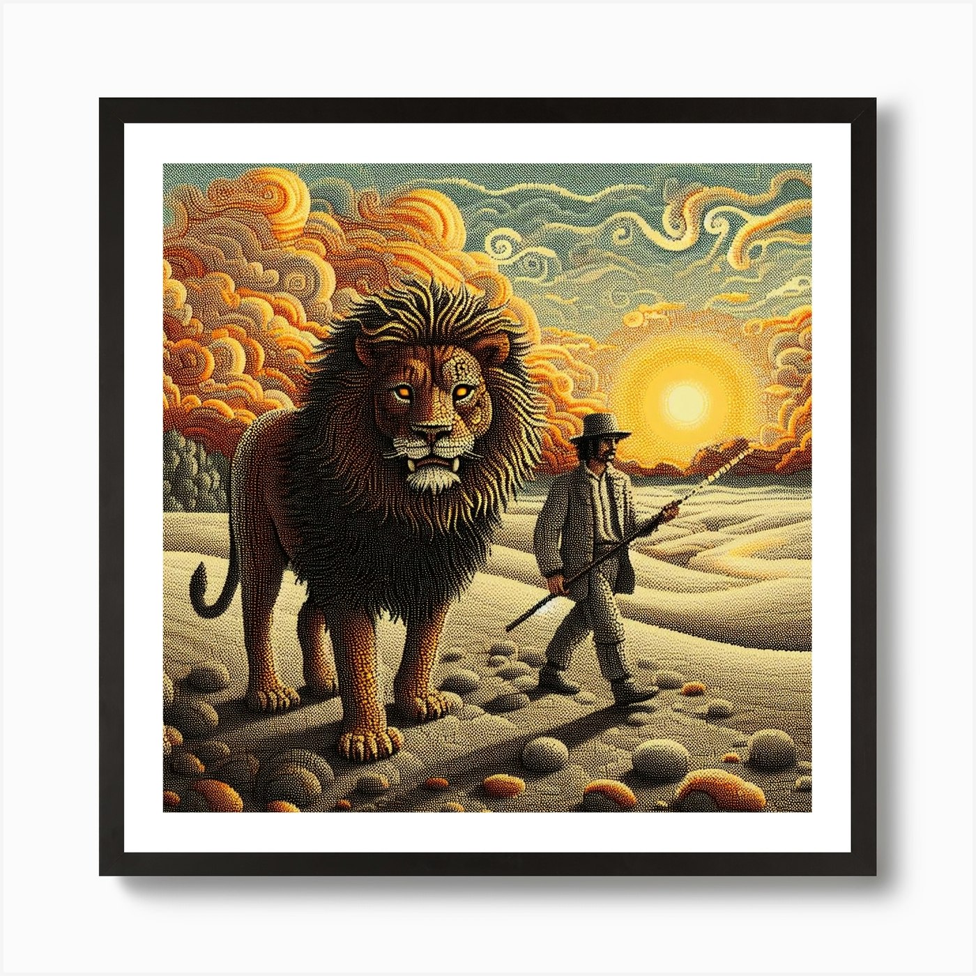 Lion And The Hunter Art Print Framed Wall Art Poster Canvas Print Picture
