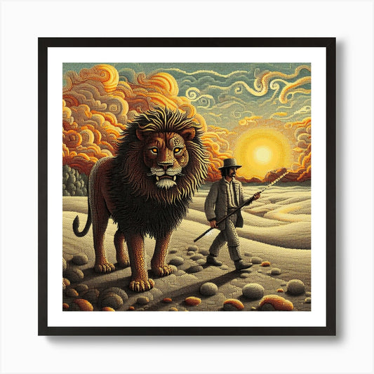 Lion And The Hunter Art Print Framed Wall Art Poster Canvas Print Picture