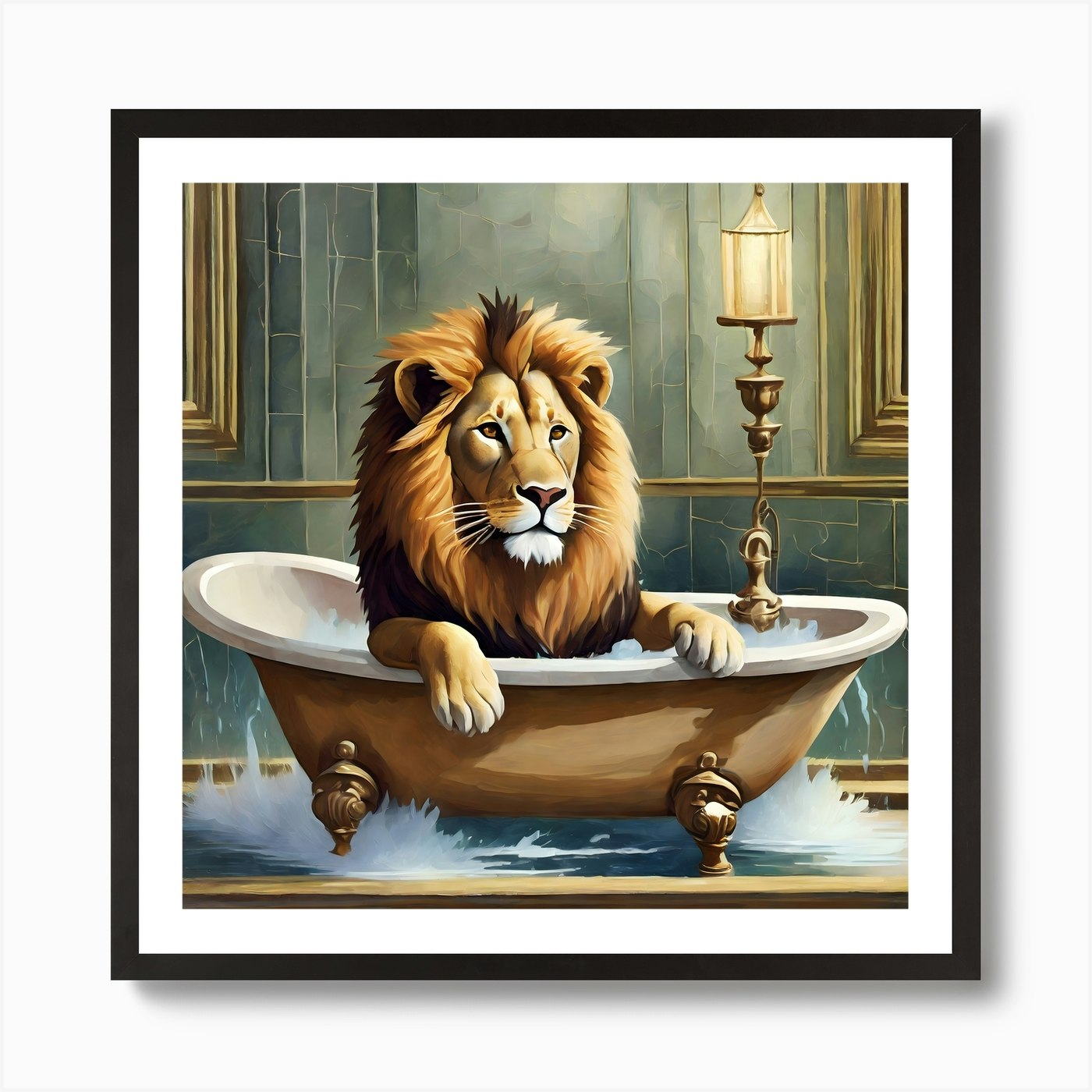 Lion In The Bath 1 Art Print Framed Wall Art Poster Canvas Print Picture