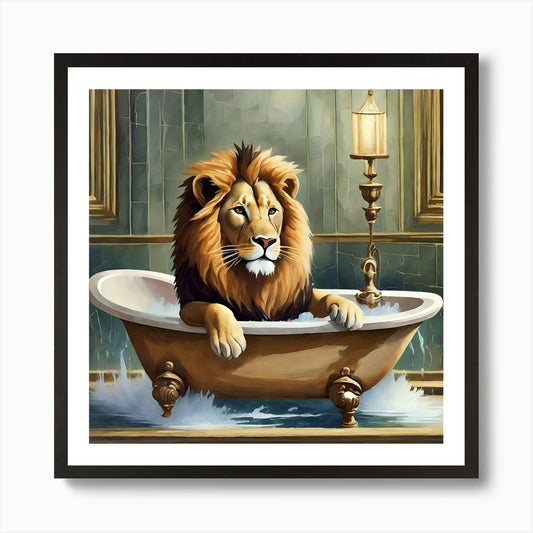 Lion In The Bath 1 Art Print Framed Wall Art Poster Canvas Print Picture
