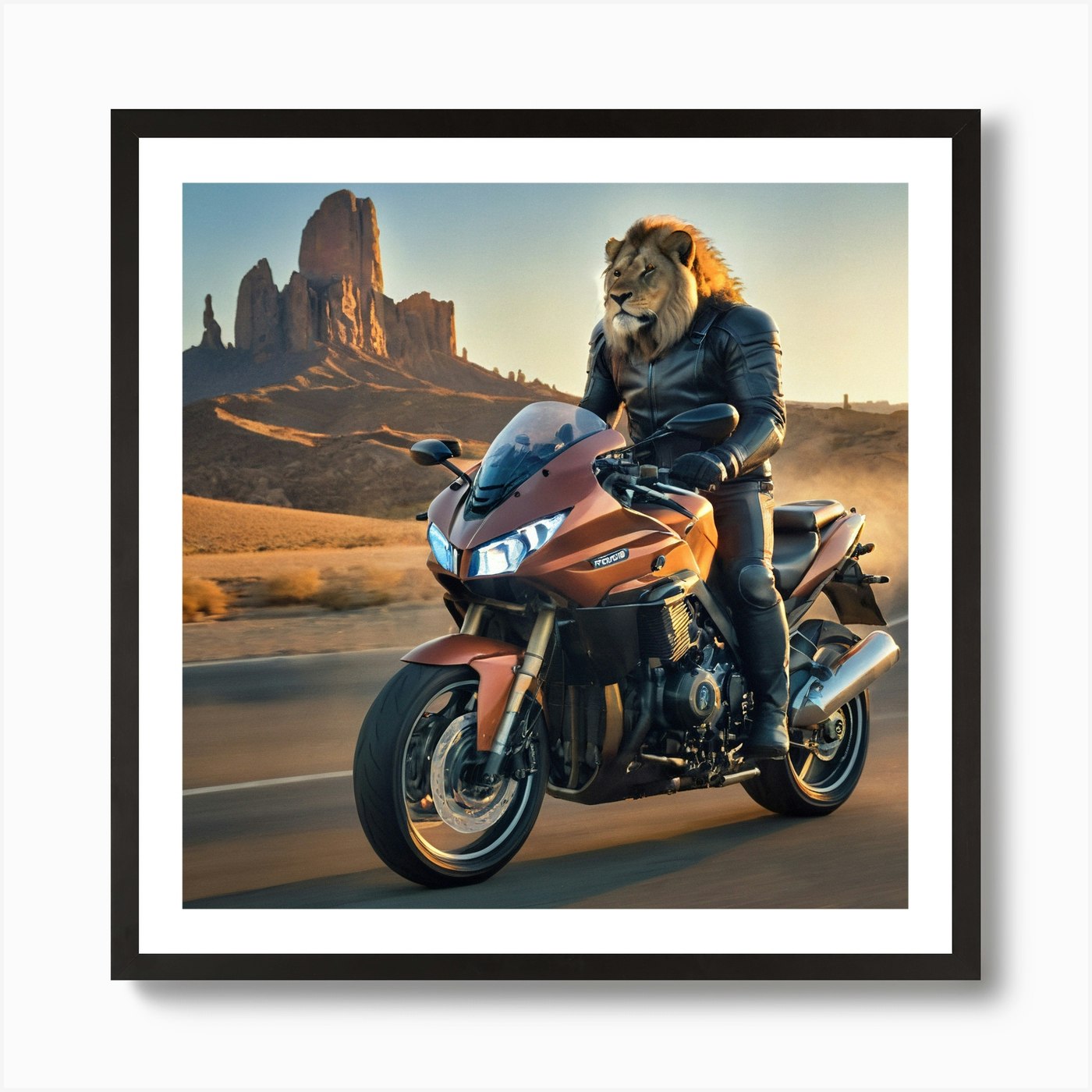 Lion On A Motorcycle 4 Art Print Framed Wall Art Poster Canvas Print Picture