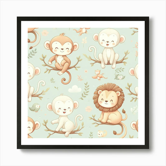 Monkeys And Lion Wall Paper Art Pri Framed Wall Art Poster Canvas Print Picture