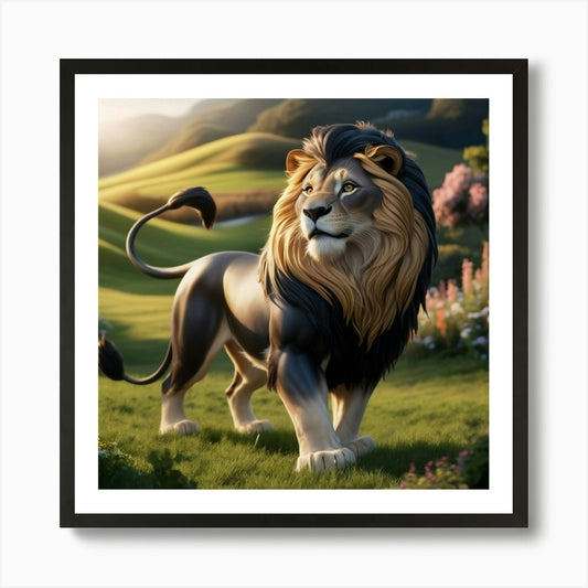 A stunning view of a lion in nature Framed Wall Art Poster Canvas Print Picture