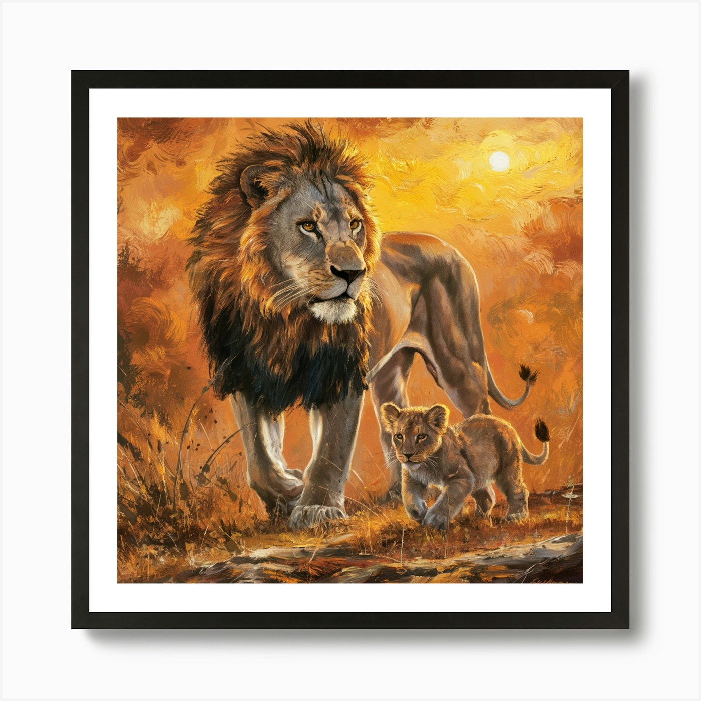 Lion And Cub Art Print Framed Wall Art Poster Canvas Print Picture