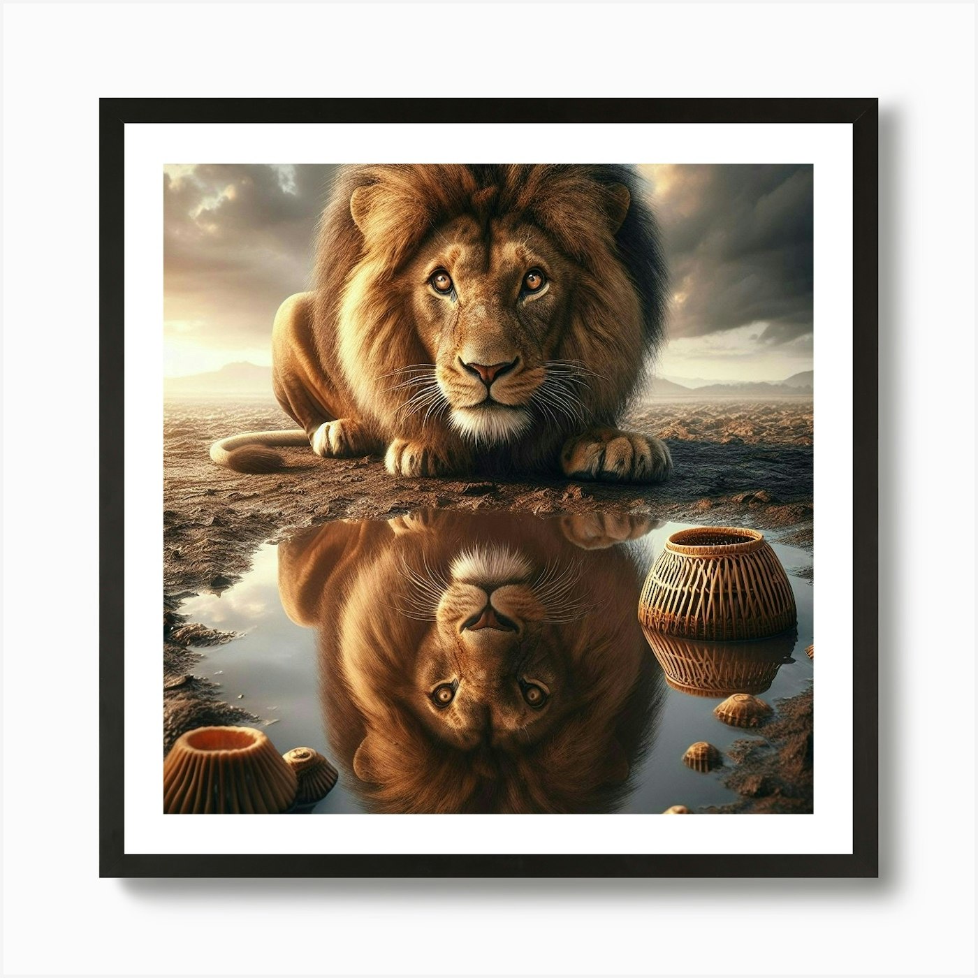 Lion In The Puddle Art Print Framed Wall Art Poster Canvas Print Picture