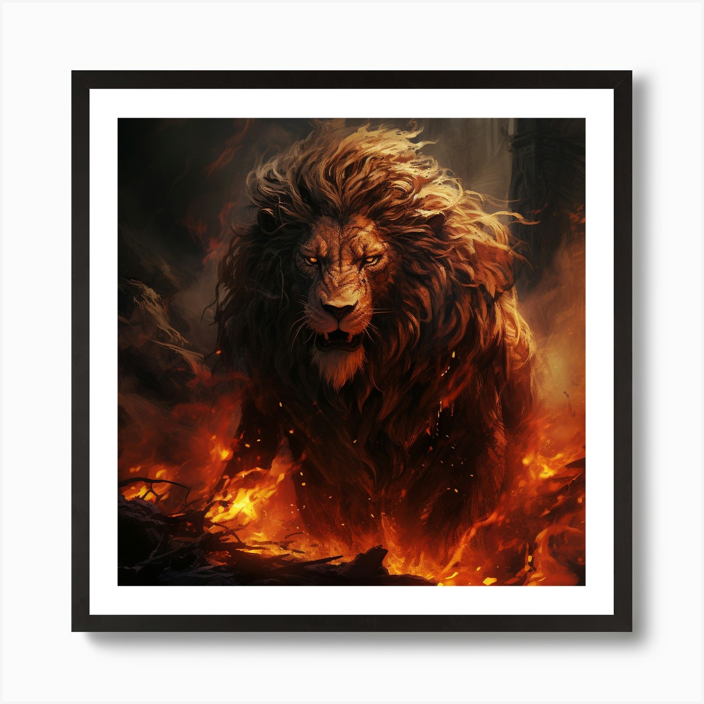 Lion In Fire Art Print Framed Wall Art Poster Canvas Print Picture