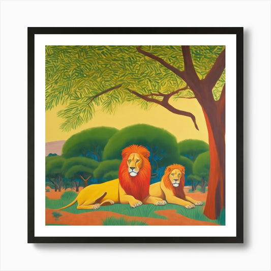 Lions Resting under Acacia Trees Se Framed Wall Art Poster Canvas Print Picture