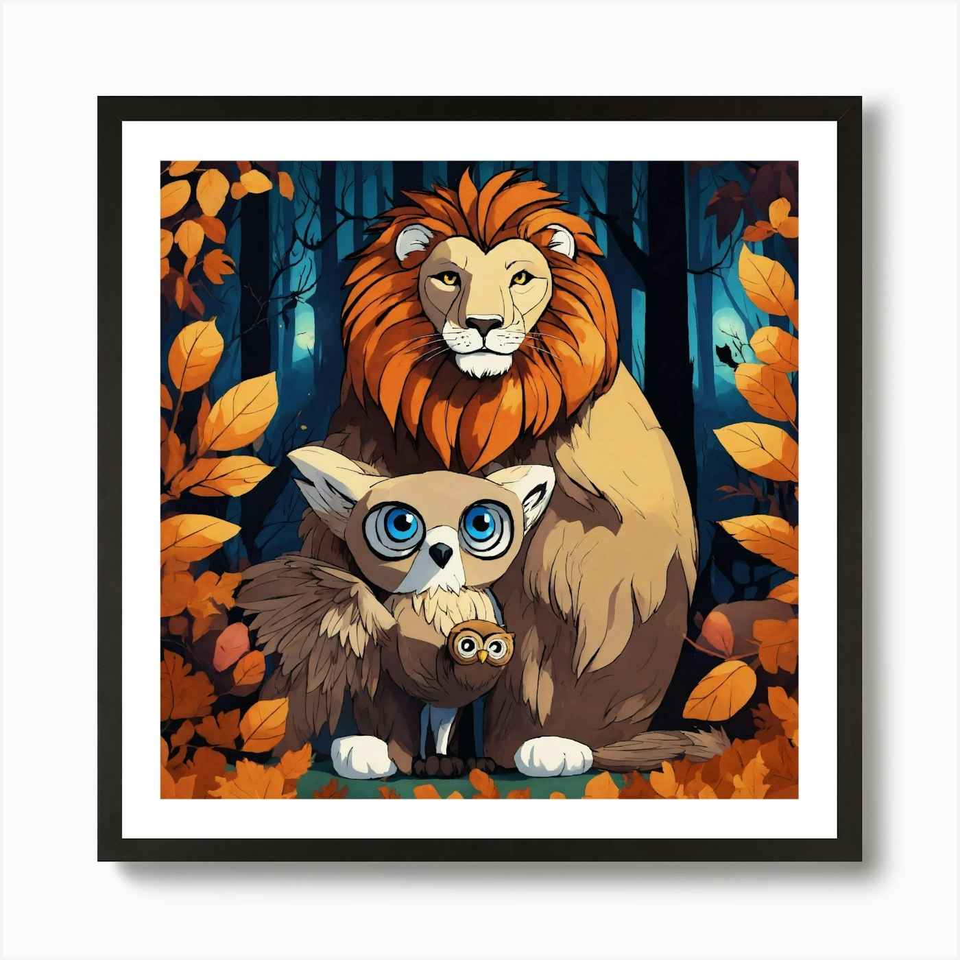 Leo The Lion Hugging The Owl Art Pr Framed Wall Art Poster Canvas Print Picture
