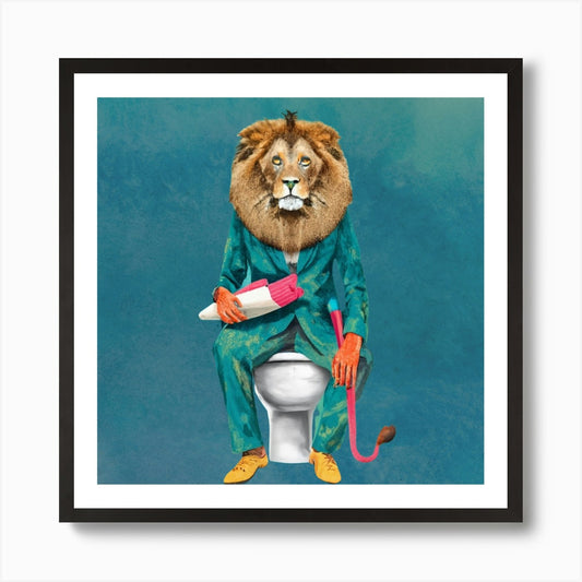 Lion On Toilet Art Print Framed Wall Art Poster Canvas Print Picture