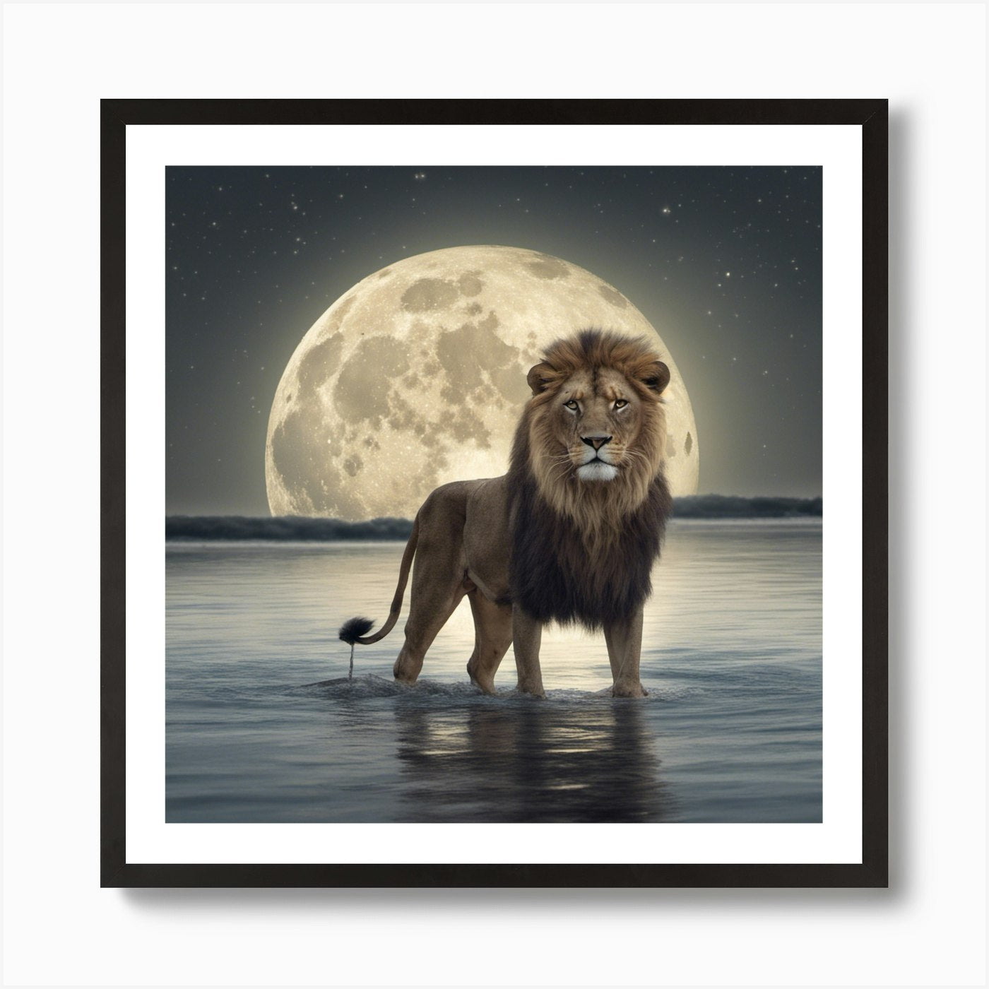 465268 Le Lion Boit De L’Eau Dans L Framed Wall Art Poster Canvas Print Picture