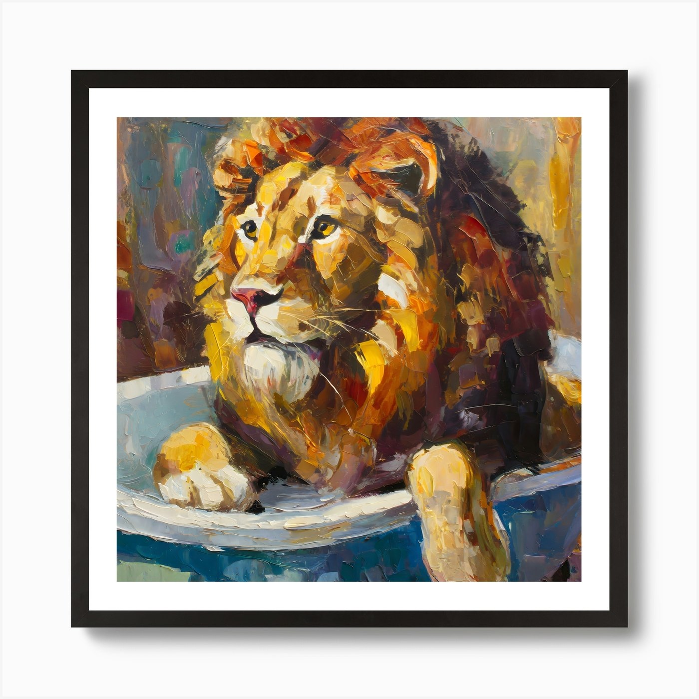 Lion In A Tub Art Print Framed Wall Art Poster Canvas Print Picture