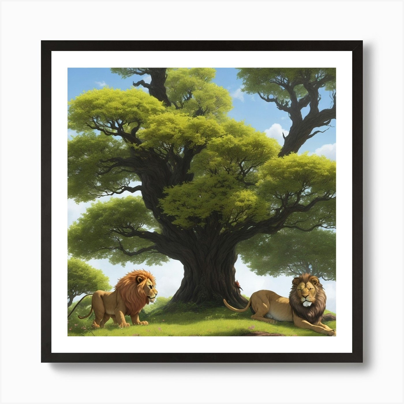 Lions Under A Tree Art Print Framed Wall Art Poster Canvas Print Picture