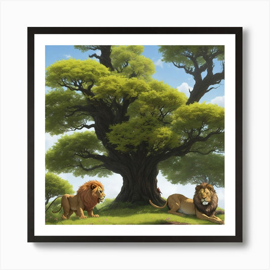 Lions Under A Tree Art Print Framed Wall Art Poster Canvas Print Picture