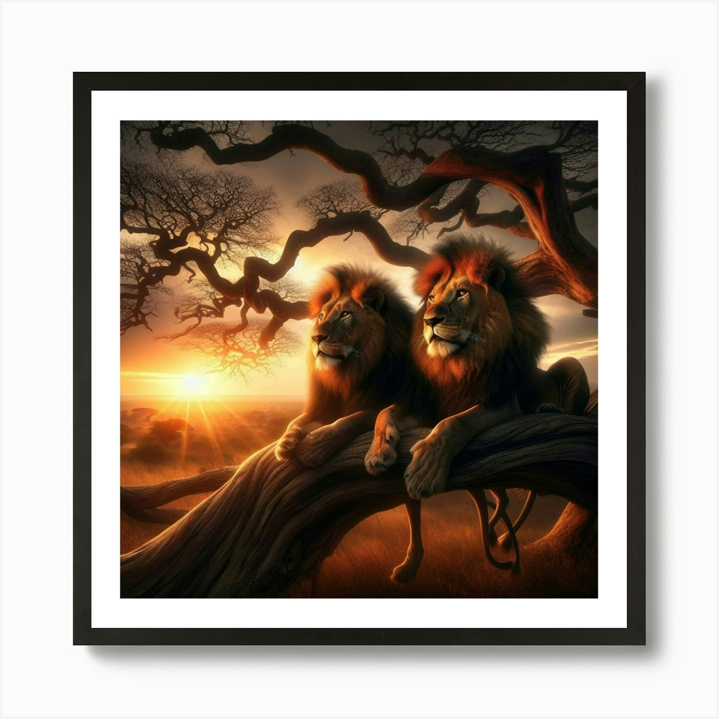 Two Lions Up A Tree Art Print Framed Wall Art Poster Canvas Print Picture