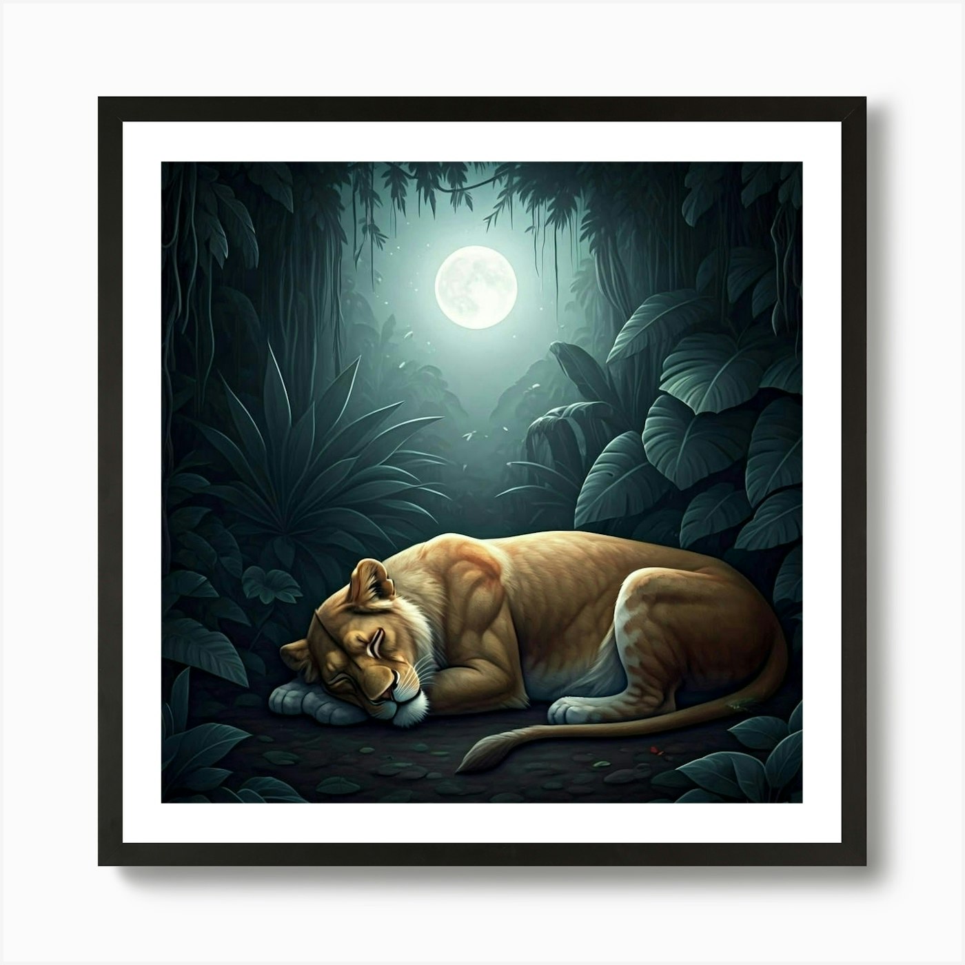 Lion Sleeping In The Jungle Art Pri Framed Wall Art Poster Canvas Print Picture