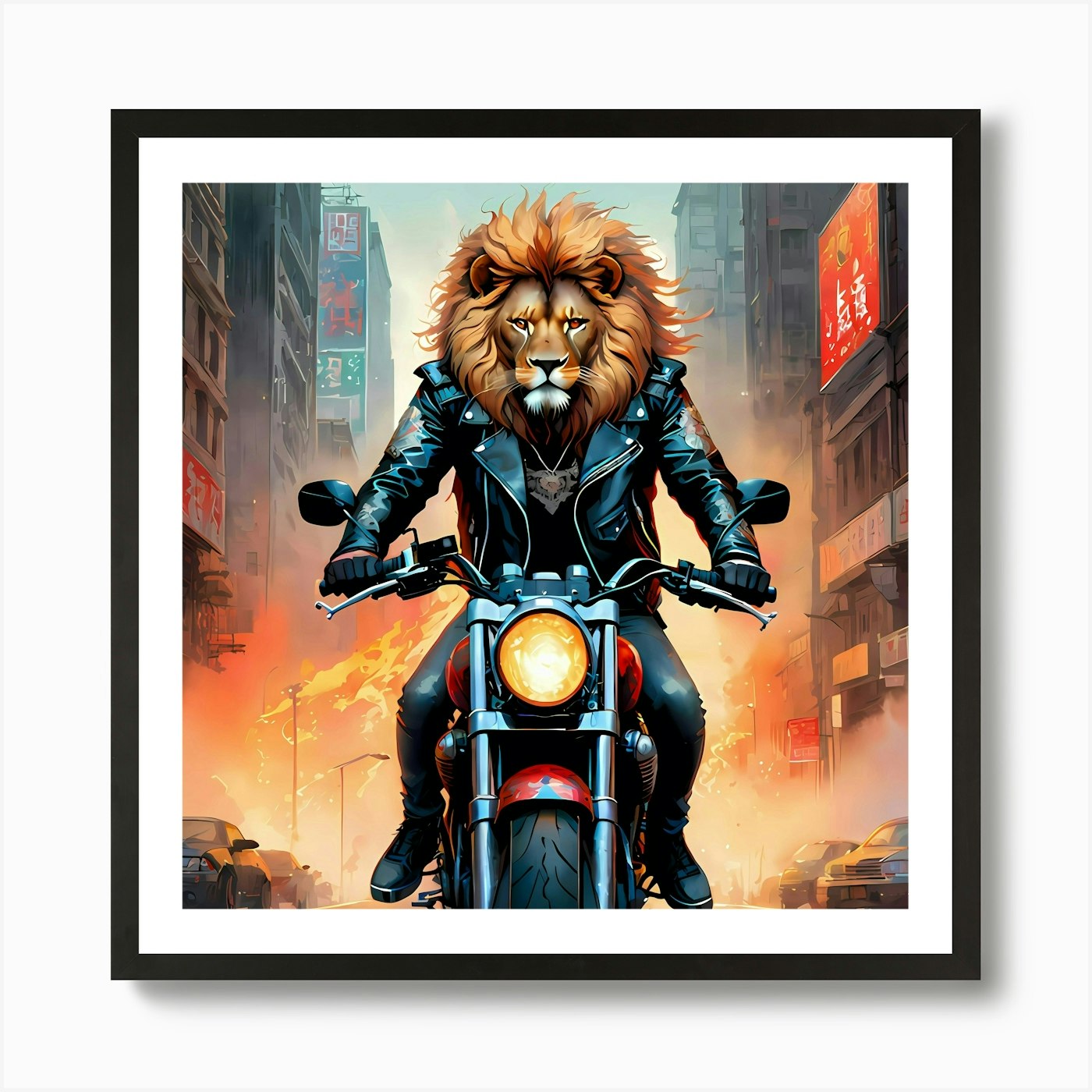 Lion Biker On A Motorcycle Art Prin Framed Wall Art Poster Canvas Print Picture