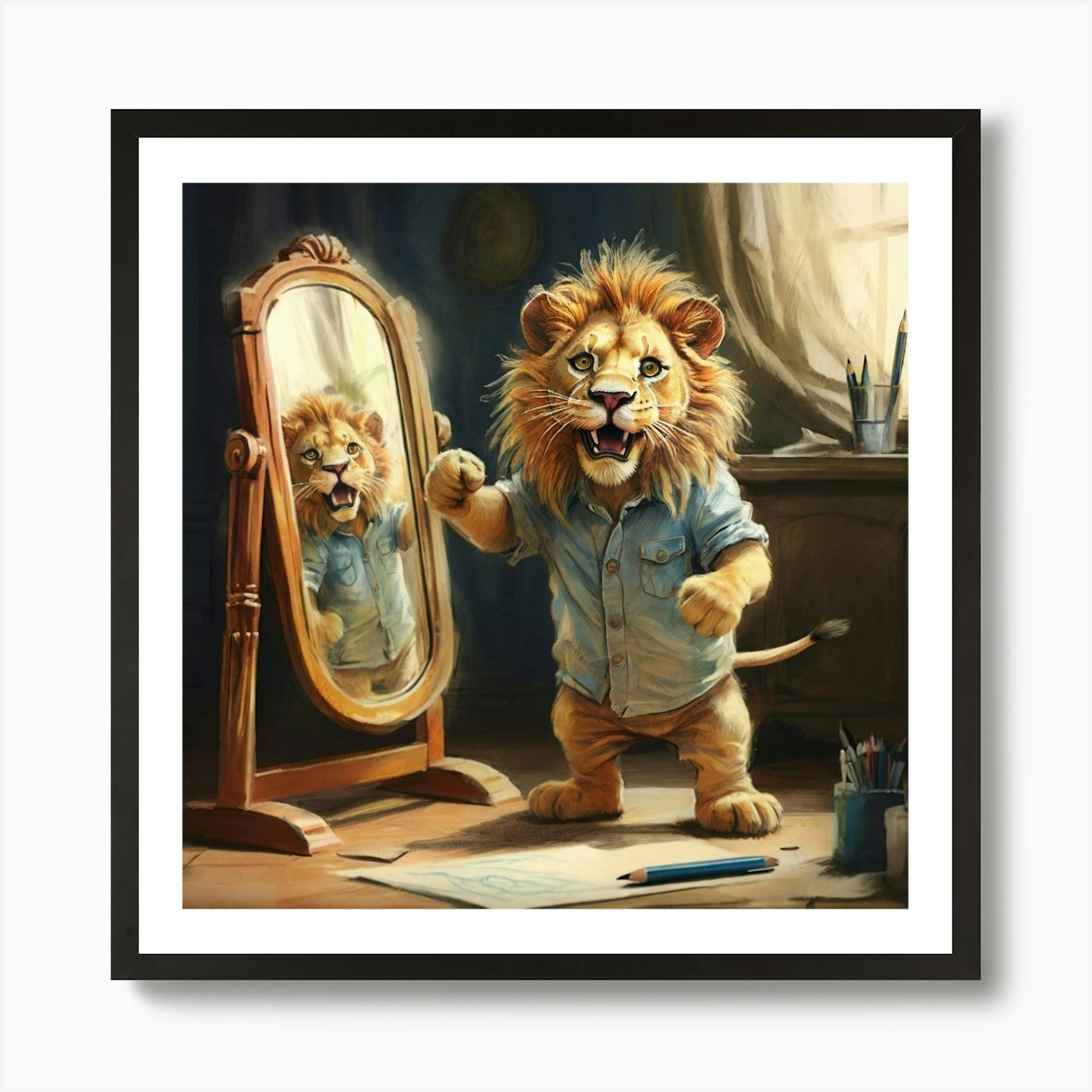 Lion In The Mirror Art Print Framed Wall Art Poster Canvas Print Picture
