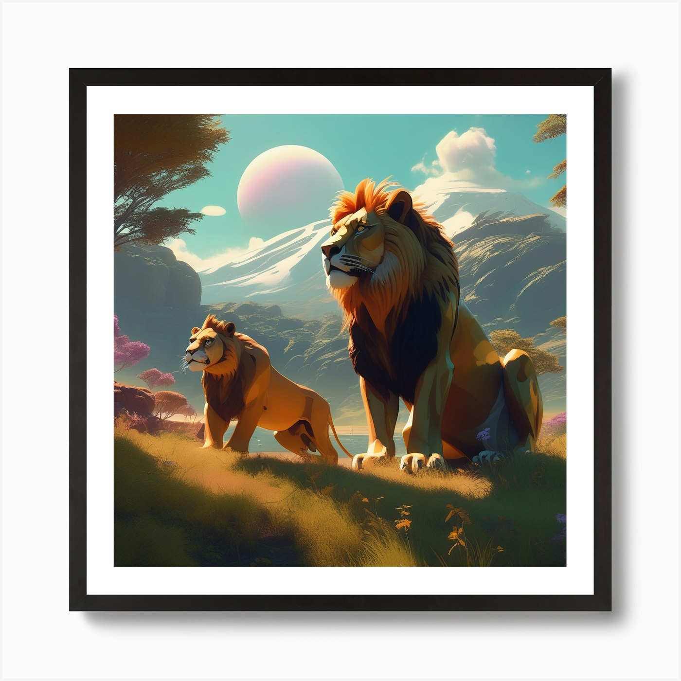 An Animated Scene Of Lions Art Prin Framed Wall Art Poster Canvas Print Picture
