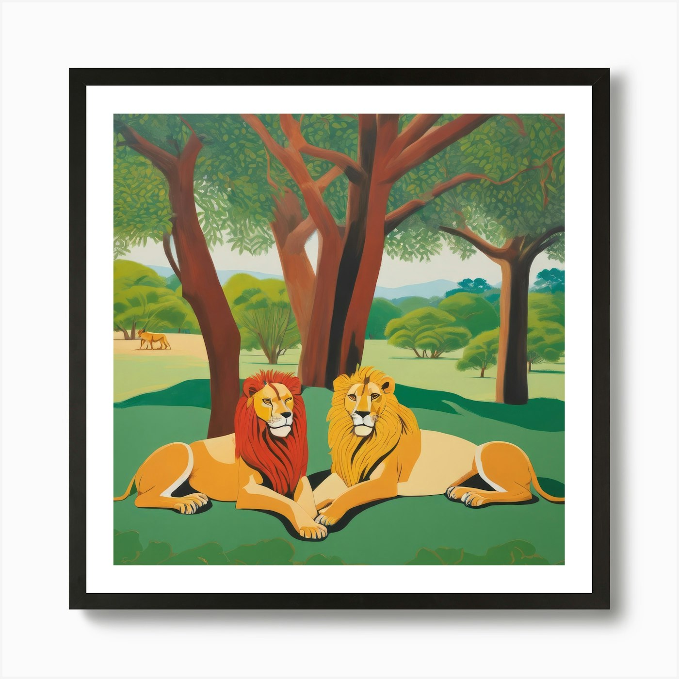 Lions Resting under Acacia Trees Se Framed Wall Art Poster Canvas Print Picture