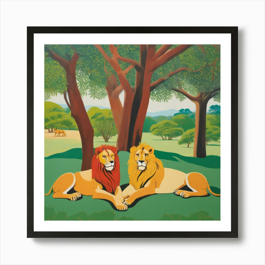 Lions Resting under Acacia Trees Se Framed Wall Art Poster Canvas Print Picture