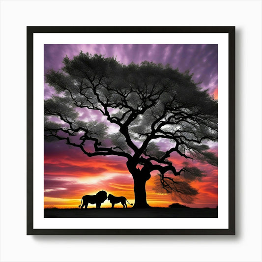 Sunset With Lions Art Print Framed Wall Art Poster Canvas Print Picture