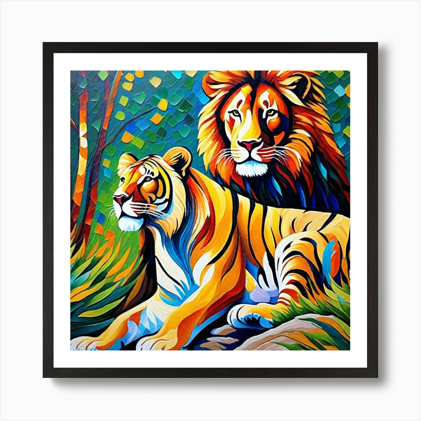 Tiger And Lion Painting Art Print Framed Wall Art Poster Canvas Print Picture