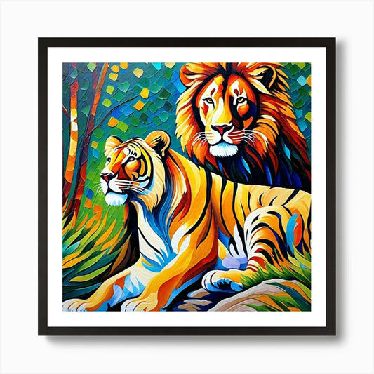 Tiger And Lion Painting Art Print Framed Wall Art Poster Canvas Print Picture