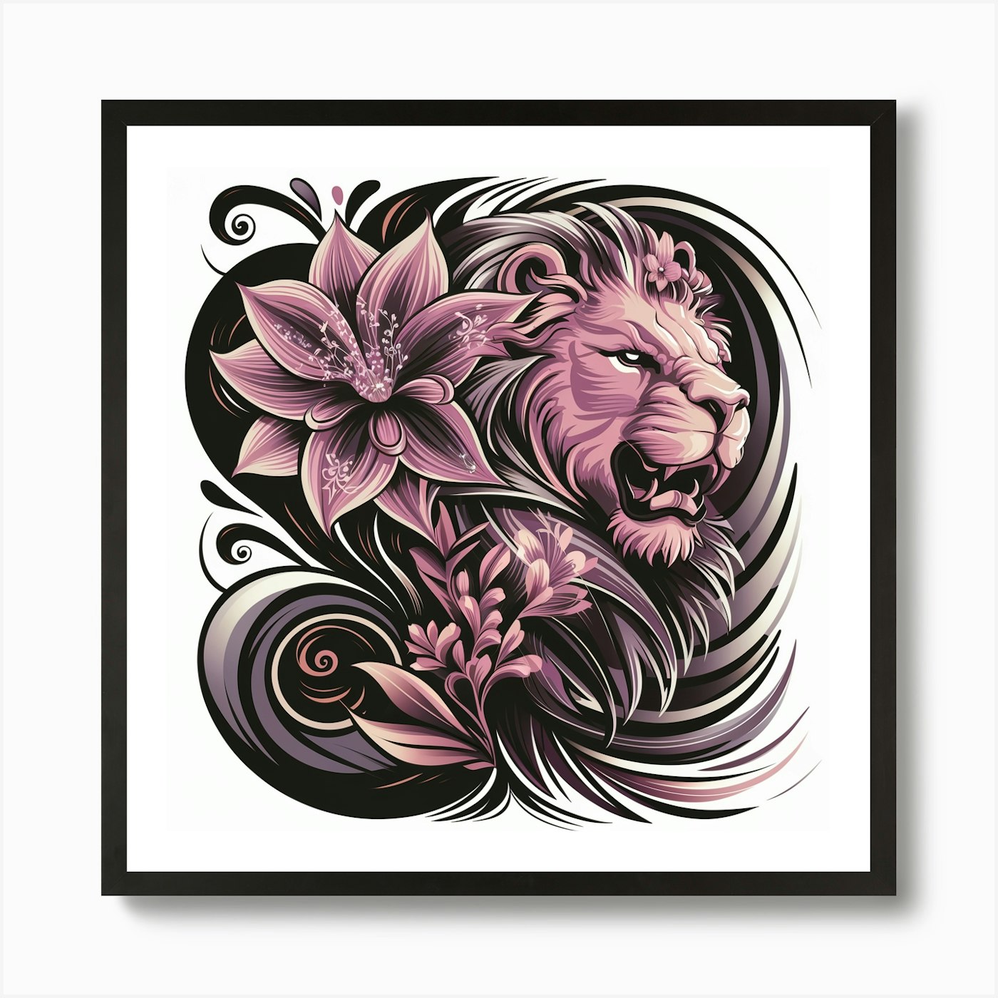 Lion And Flower 1 Art Print Framed Wall Art Poster Canvas Print Picture