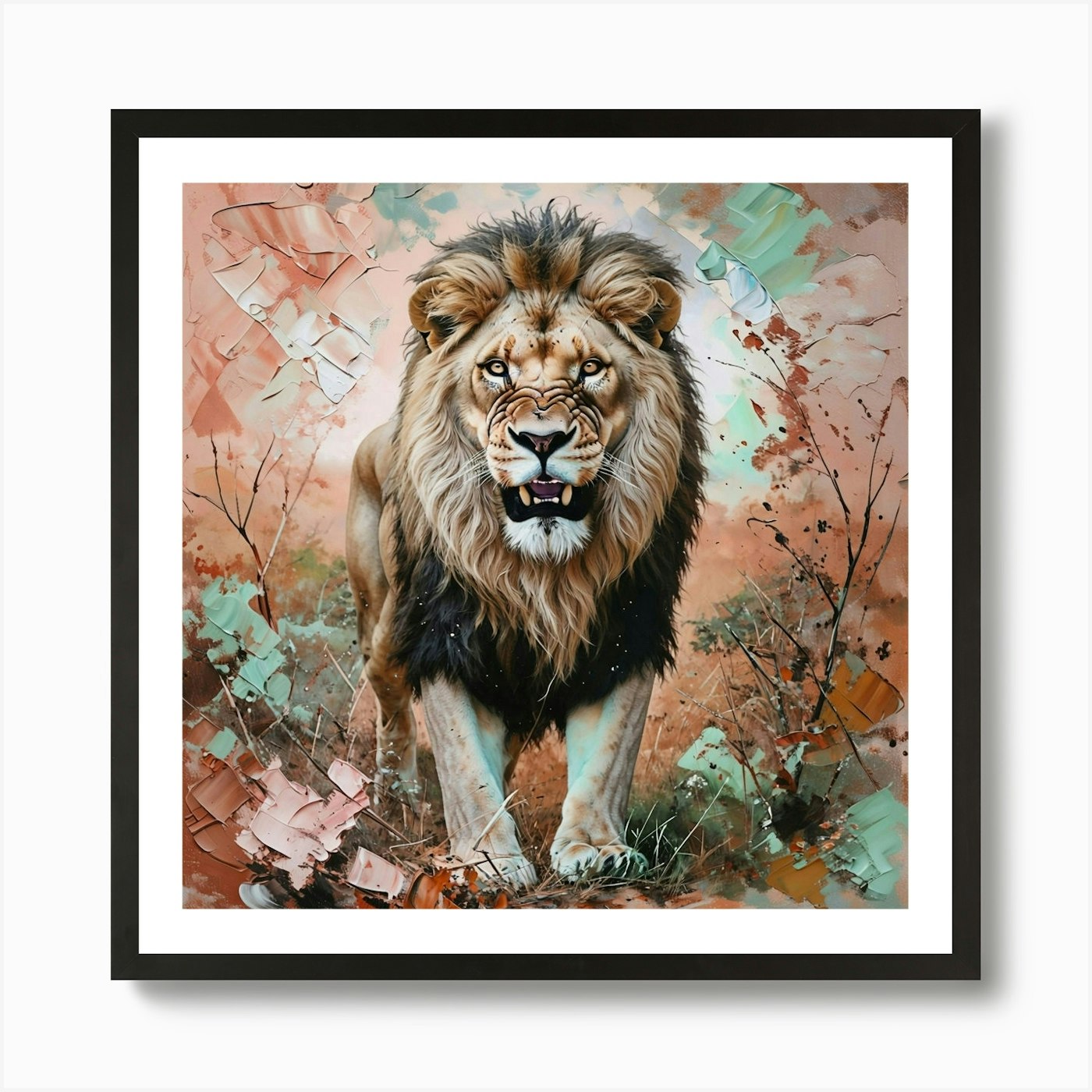 Stunning Big Male Lion Standing Tal Framed Wall Art Poster Canvas Print Picture