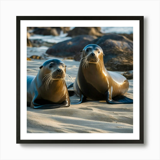 Two Sea Lions On The Beach Art Prin Framed Wall Art Poster Canvas Print Picture