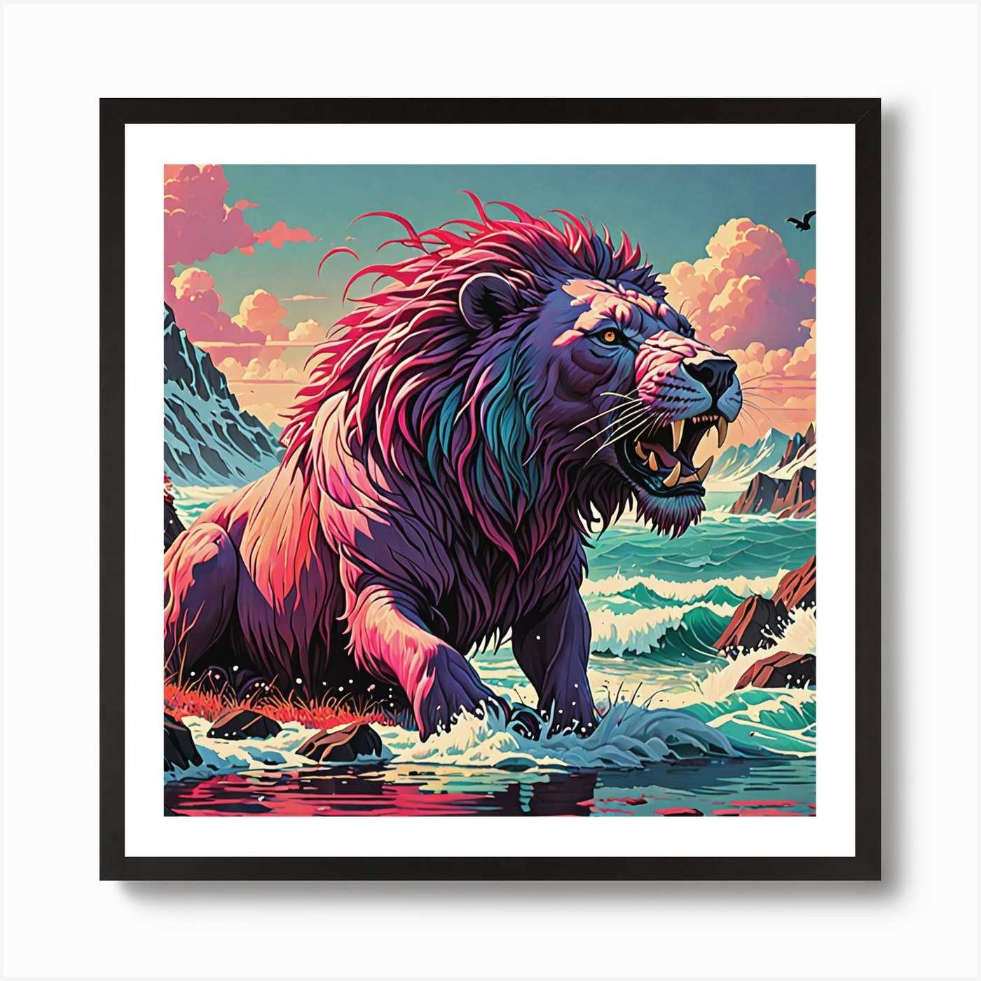 Lion In The Water Art Print Framed Wall Art Poster Canvas Print Picture