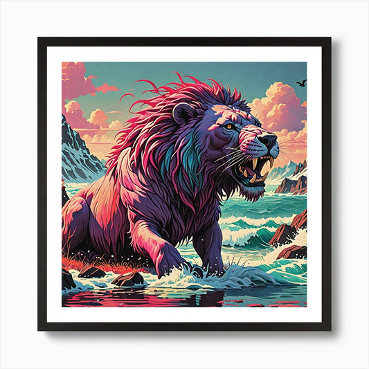 Lion In The Water Art Print Framed Wall Art Poster Canvas Print Picture