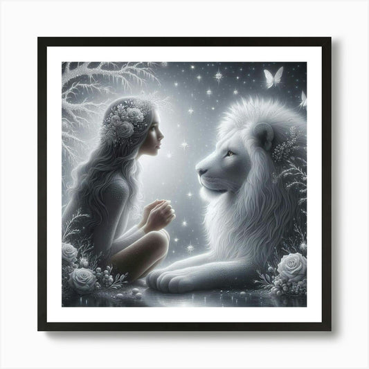 White Lion And Girl 1 Art Print Framed Wall Art Poster Canvas Print Picture