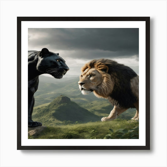 Black Panther And The Lion Art Prin Framed Wall Art Poster Canvas Print Picture