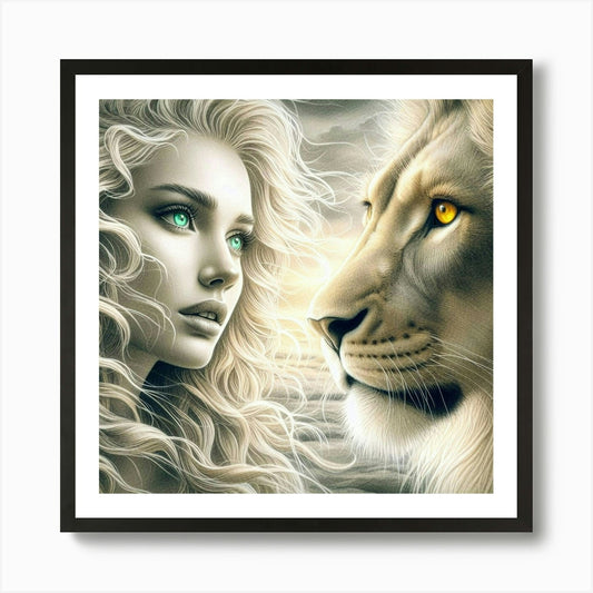 A beautiful woman and lion 2 Art Pr Framed Wall Art Poster Canvas Print Picture