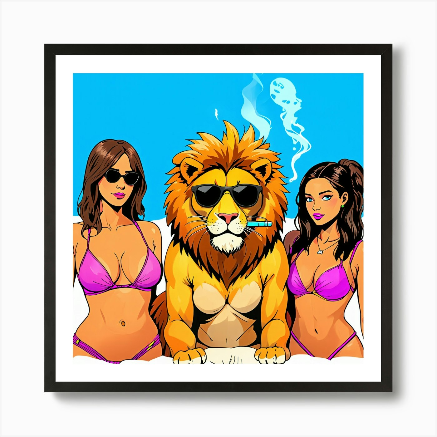Three Women In Bikinis With A Lion  Framed Wall Art Poster Canvas Print Picture