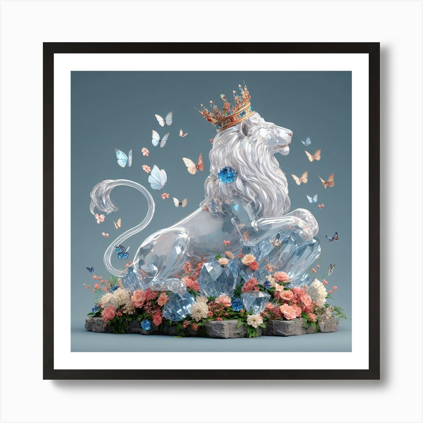 Lion With Butterflies Art Print Framed Wall Art Poster Canvas Print Picture