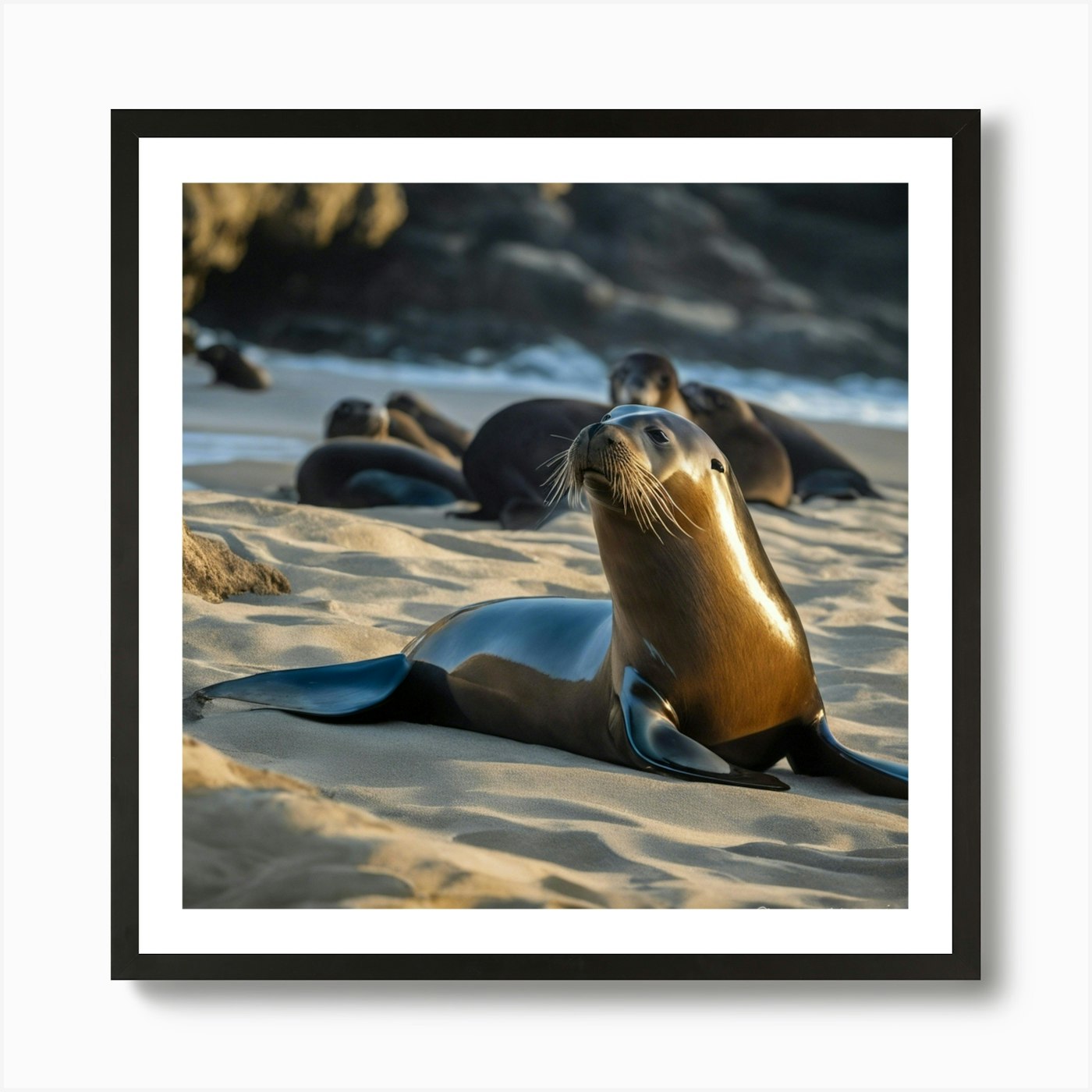 Sea Lions On The Beach Art Print Framed Wall Art Poster Canvas Print Picture