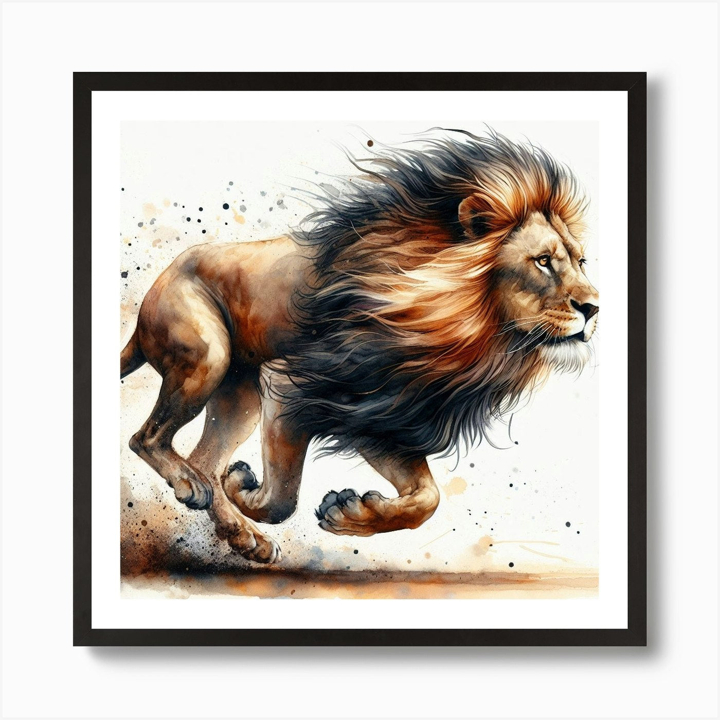 Lion In Motion, Lion Watercolour Ar Framed Wall Art Poster Canvas Print Picture