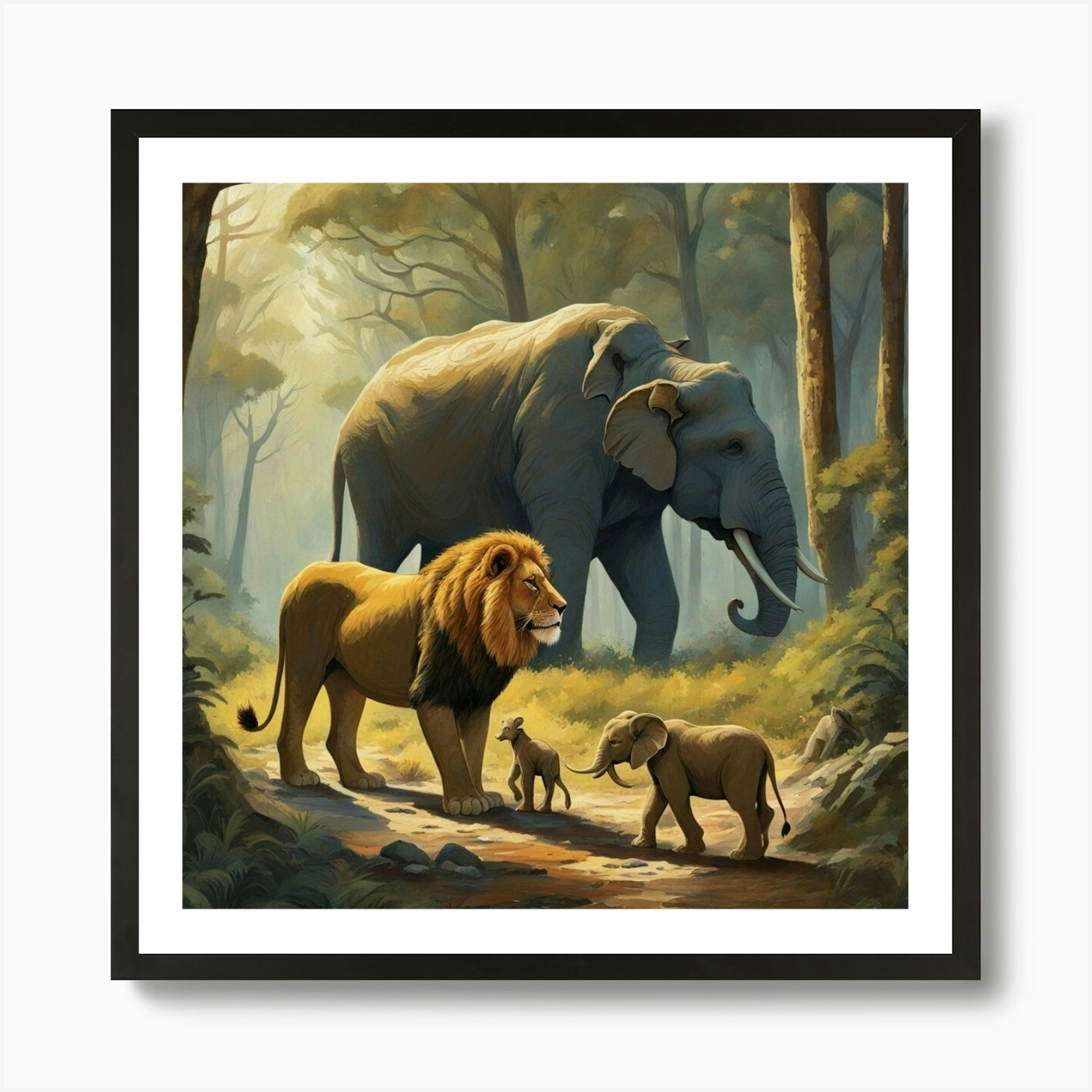 Lions And Elephants Art Print Framed Wall Art Poster Canvas Print Picture