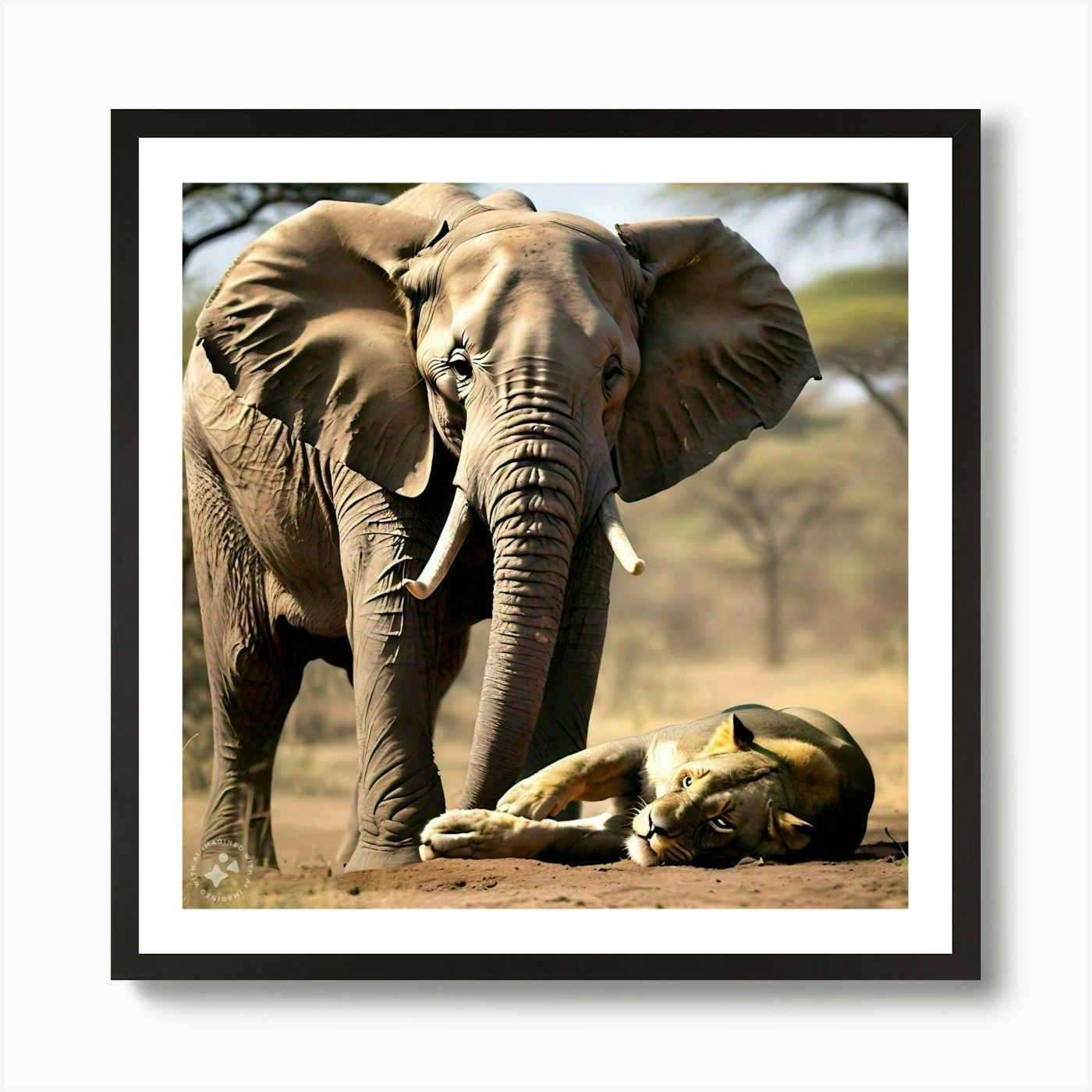 Lion And Elephant Art Print Framed Wall Art Poster Canvas Print Picture