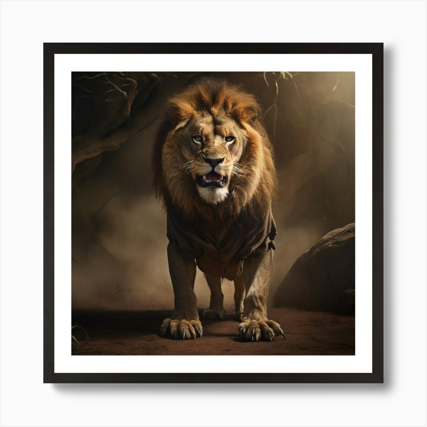 A Terrified Lion Watches The Enemy  Framed Wall Art Poster Canvas Print Picture