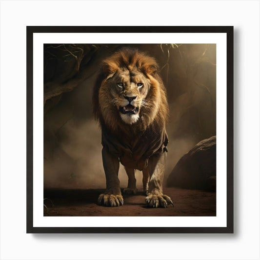 A Terrified Lion Watches The Enemy  Framed Wall Art Poster Canvas Print Picture