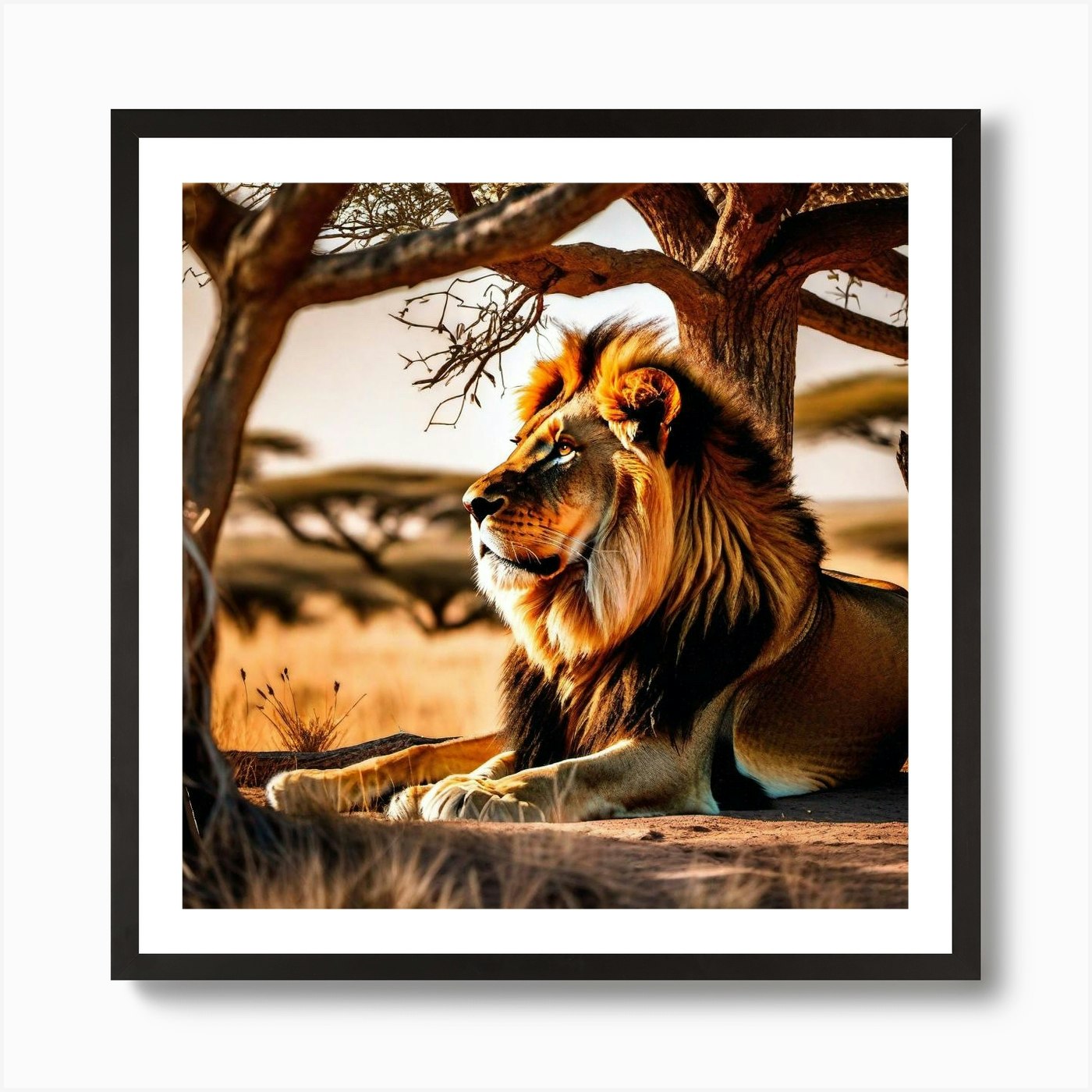 Lion Laying Under Tree Art Print Framed Wall Art Poster Canvas Print Picture