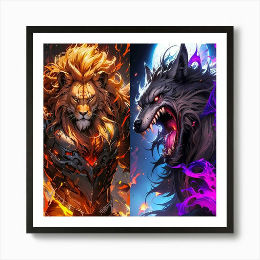 Wolf And Lion Art Print Framed Wall Art Poster Canvas Print Picture