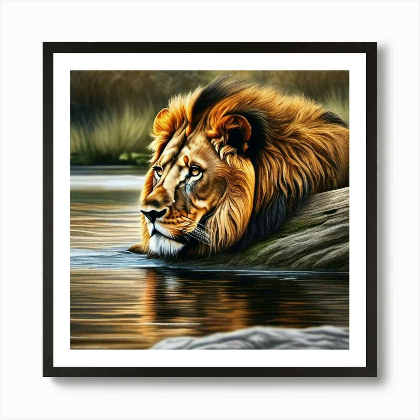 Lion across the lake Art Print Framed Wall Art Poster Canvas Print Picture
