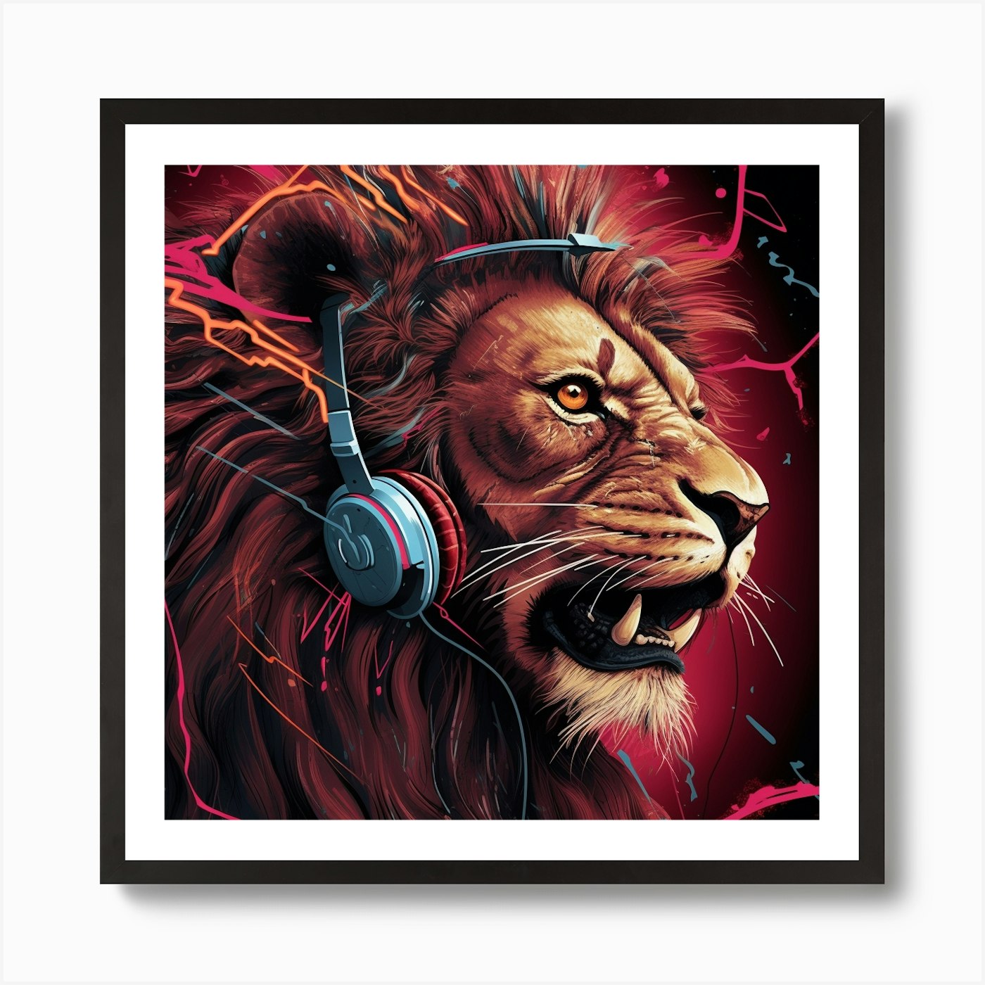 Lion With Headphones Art Print Framed Wall Art Poster Canvas Print Picture